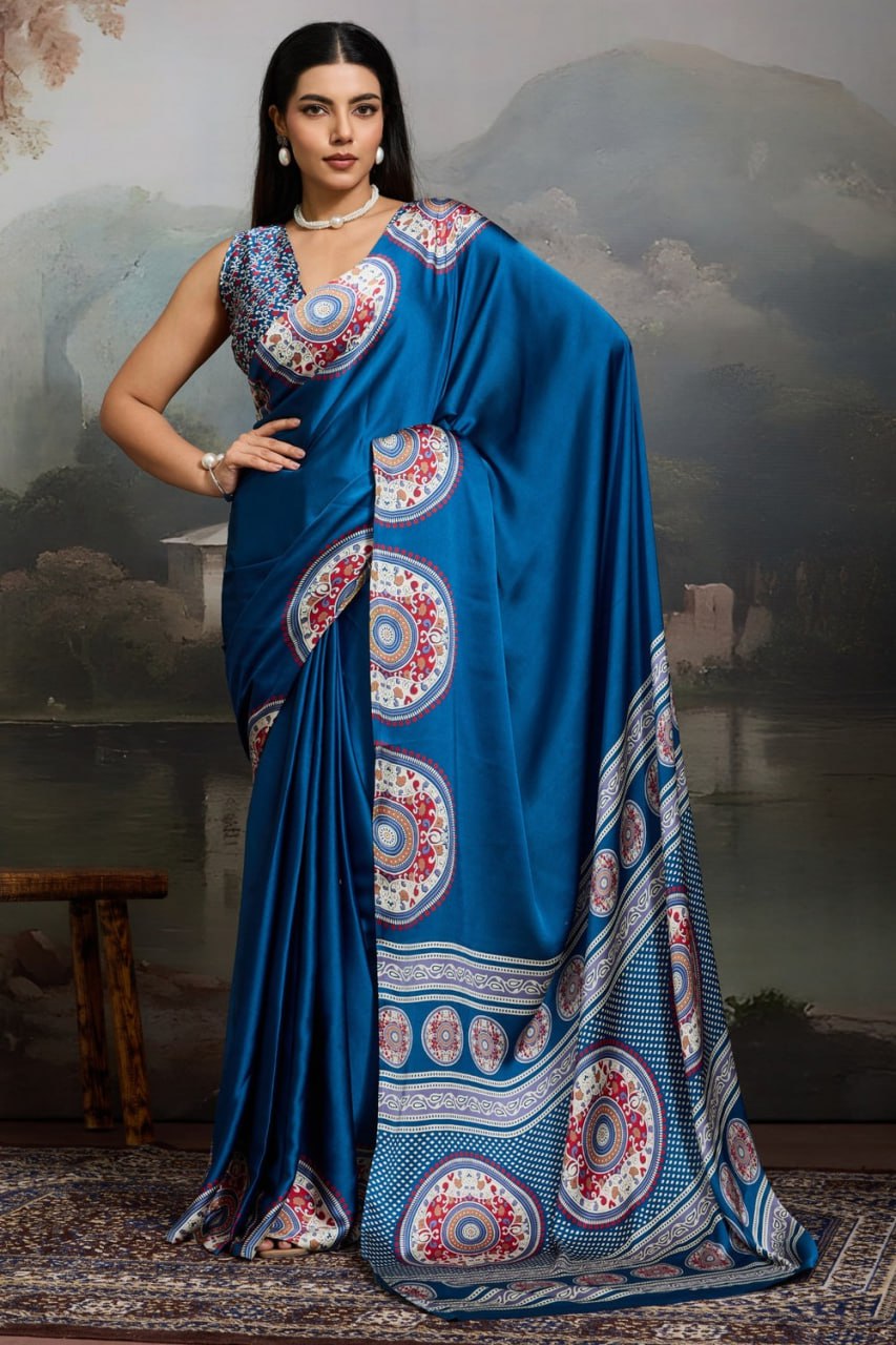 Luxury Royal Blue Designer Satin Saree with Regal Medallion Prints & Statement Pallu