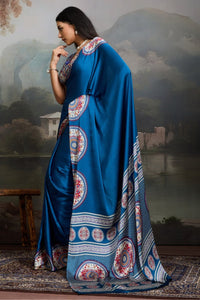 Luxury Royal Blue Designer Satin Saree with Regal Medallion Prints & Statement Pallu