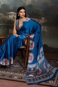 Luxury Royal Blue Designer Satin Saree with Regal Medallion Prints & Statement Pallu