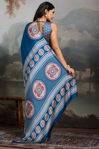Luxury Royal Blue Designer Satin Saree with Regal Medallion Prints & Statement Pallu