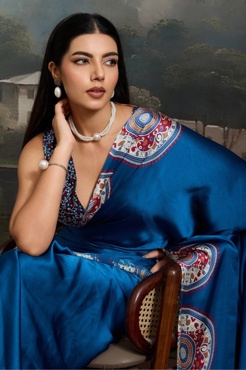 Luxury Royal Blue Designer Satin Saree with Regal Medallion Prints & Statement Pallu