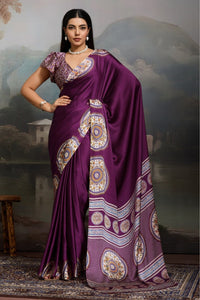 Luxury Plum Purple Designer Satin Saree with Regal Medallion Prints & Statement Border