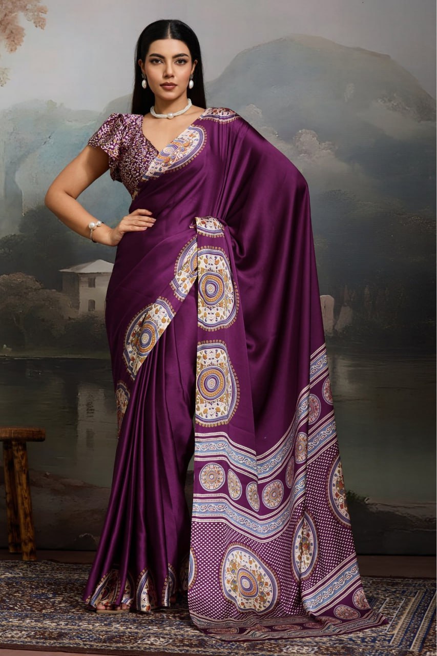 Luxury Plum Purple Designer Satin Saree with Regal Medallion Prints & Statement Border