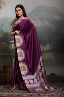 Luxury Plum Purple Designer Satin Saree with Regal Medallion Prints & Statement Border