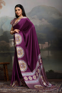 Luxury Plum Purple Designer Satin Saree with Regal Medallion Prints & Statement Border
