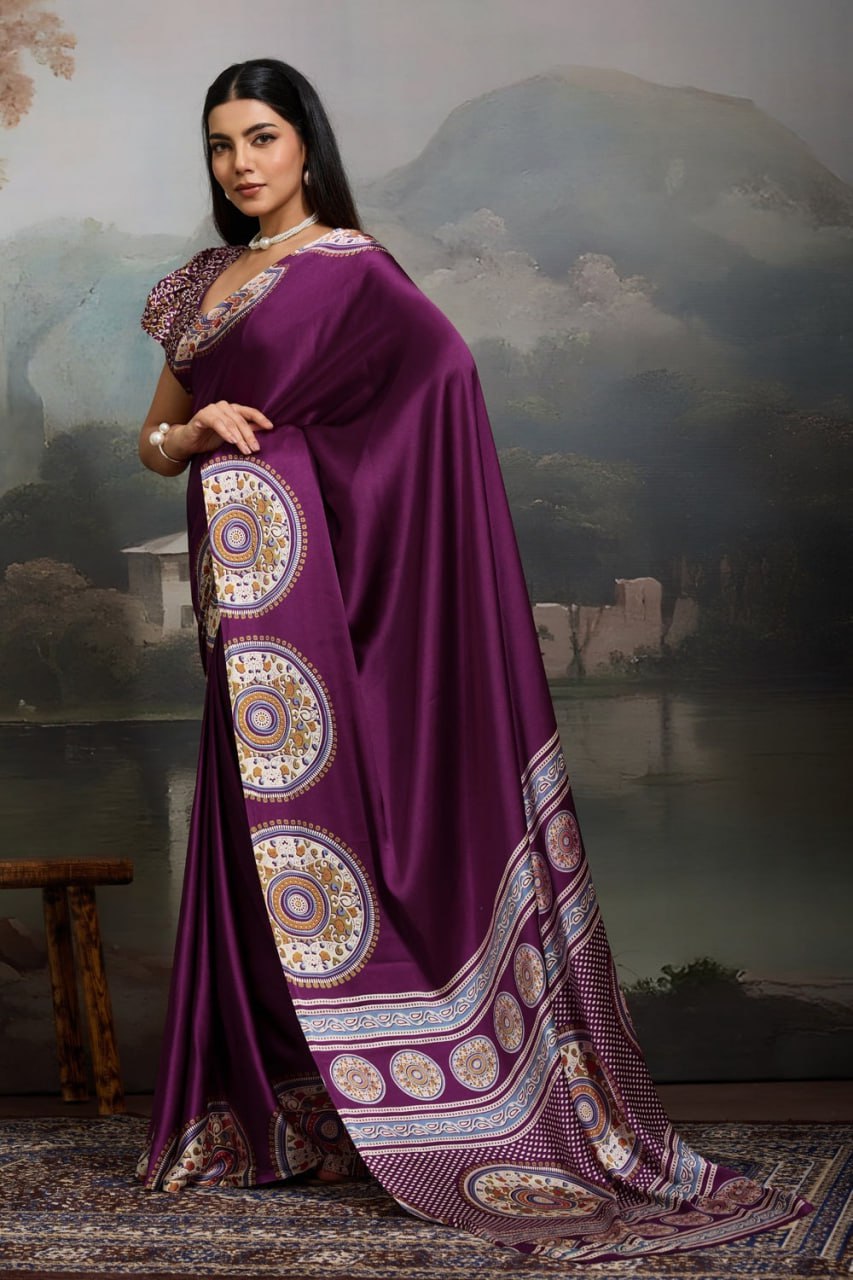 Luxury Plum Purple Designer Satin Saree with Regal Medallion Prints & Statement Border