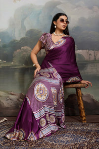 Luxury Plum Purple Designer Satin Saree with Regal Medallion Prints & Statement Border