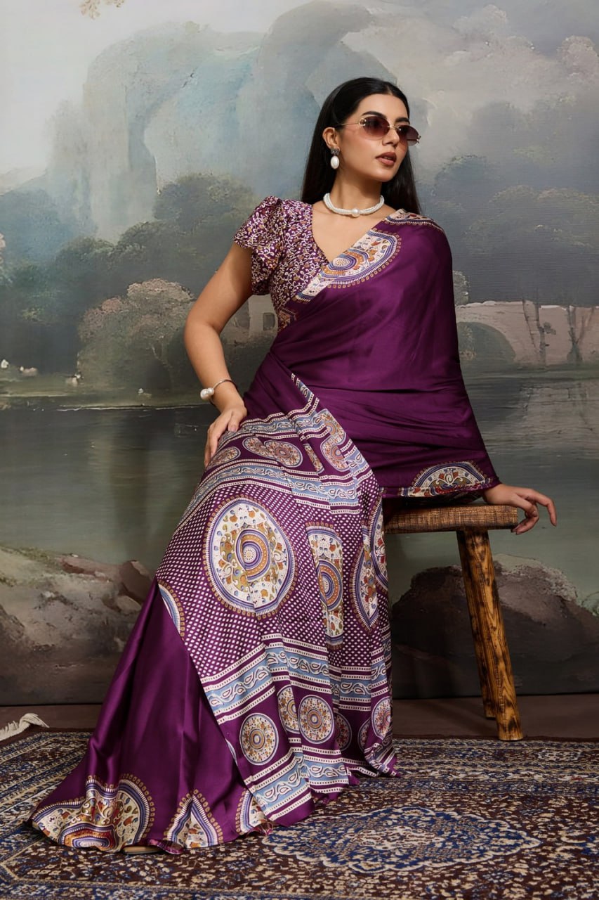 Luxury Plum Purple Designer Satin Saree with Regal Medallion Prints & Statement Border