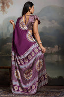 Luxury Plum Purple Designer Satin Saree with Regal Medallion Prints & Statement Border