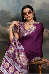 Luxury Plum Purple Designer Satin Saree with Regal Medallion Prints & Statement Border