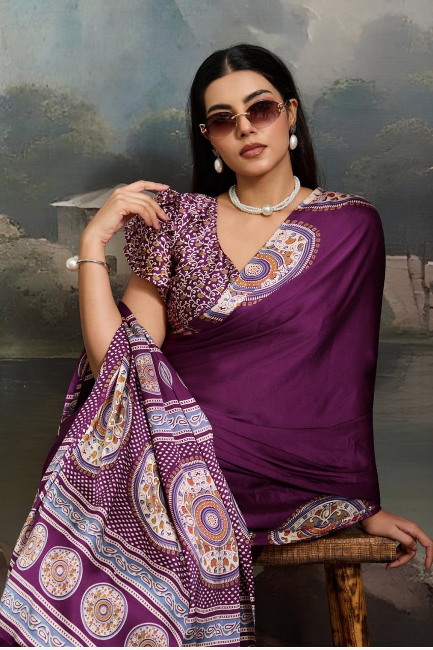 Luxury Plum Purple Designer Satin Saree with Regal Medallion Prints & Statement Border