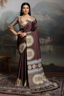 Luxury Coffee Brown Designer Satin Saree with Classic Medallion Heritage Prints