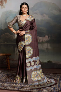 Luxury Coffee Brown Designer Satin Saree with Classic Medallion Heritage Prints