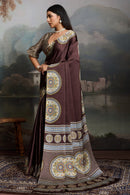 Luxury Coffee Brown Designer Satin Saree with Classic Medallion Heritage Prints