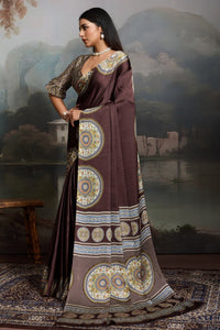 Luxury Coffee Brown Designer Satin Saree with Classic Medallion Heritage Prints