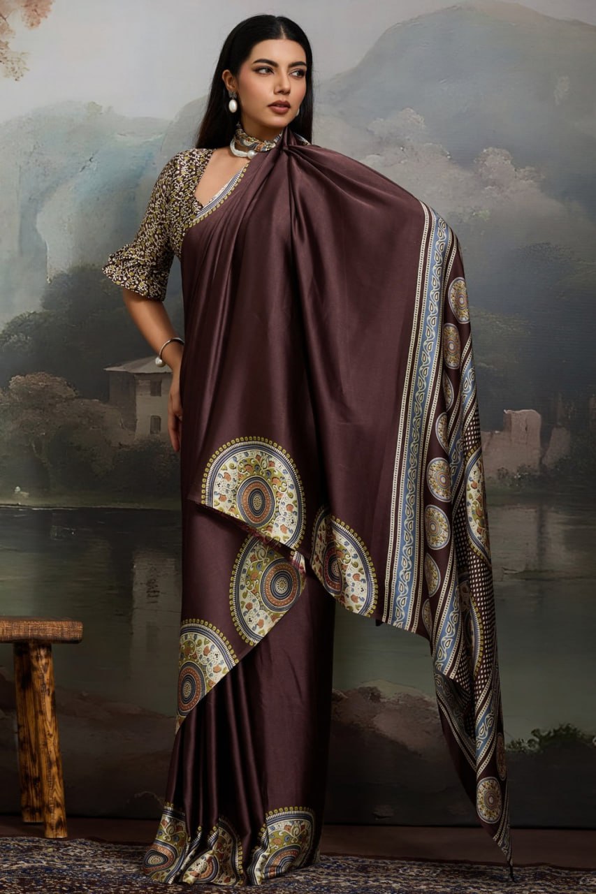 Luxury Coffee Brown Designer Satin Saree with Classic Medallion Heritage Prints