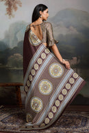 Luxury Coffee Brown Designer Satin Saree with Classic Medallion Heritage Prints
