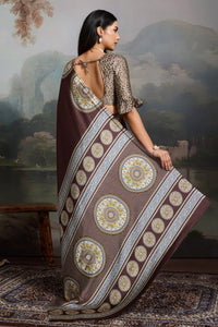 Luxury Coffee Brown Designer Satin Saree with Classic Medallion Heritage Prints