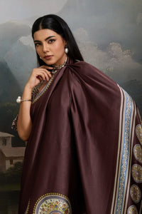 Luxury Coffee Brown Designer Satin Saree with Classic Medallion Heritage Prints