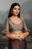 Luxury Coffee Brown Designer Satin Saree with Classic Medallion Heritage Prints
