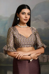 Luxury Coffee Brown Designer Satin Saree with Classic Medallion Heritage Prints
