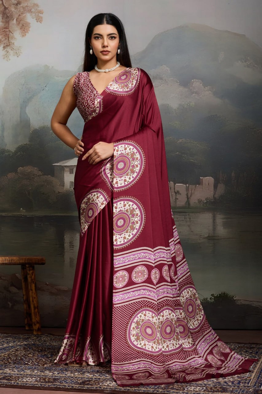 Luxury Wine Maroon Designer Satin Saree with Regal Medallion Statement Border