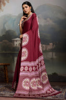 Luxury Wine Maroon Designer Satin Saree with Regal Medallion Statement Border
