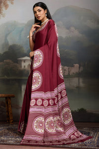 Luxury Wine Maroon Designer Satin Saree with Regal Medallion Statement Border