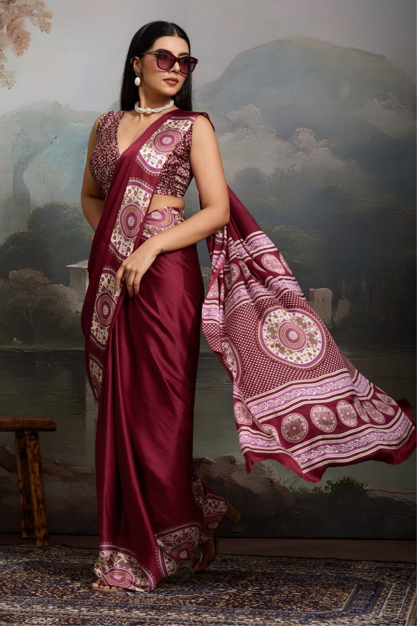Luxury Wine Maroon Designer Satin Saree with Regal Medallion Statement Border