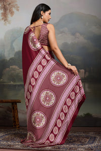 Luxury Wine Maroon Designer Satin Saree with Regal Medallion Statement Border