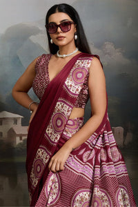 Luxury Wine Maroon Designer Satin Saree with Regal Medallion Statement Border