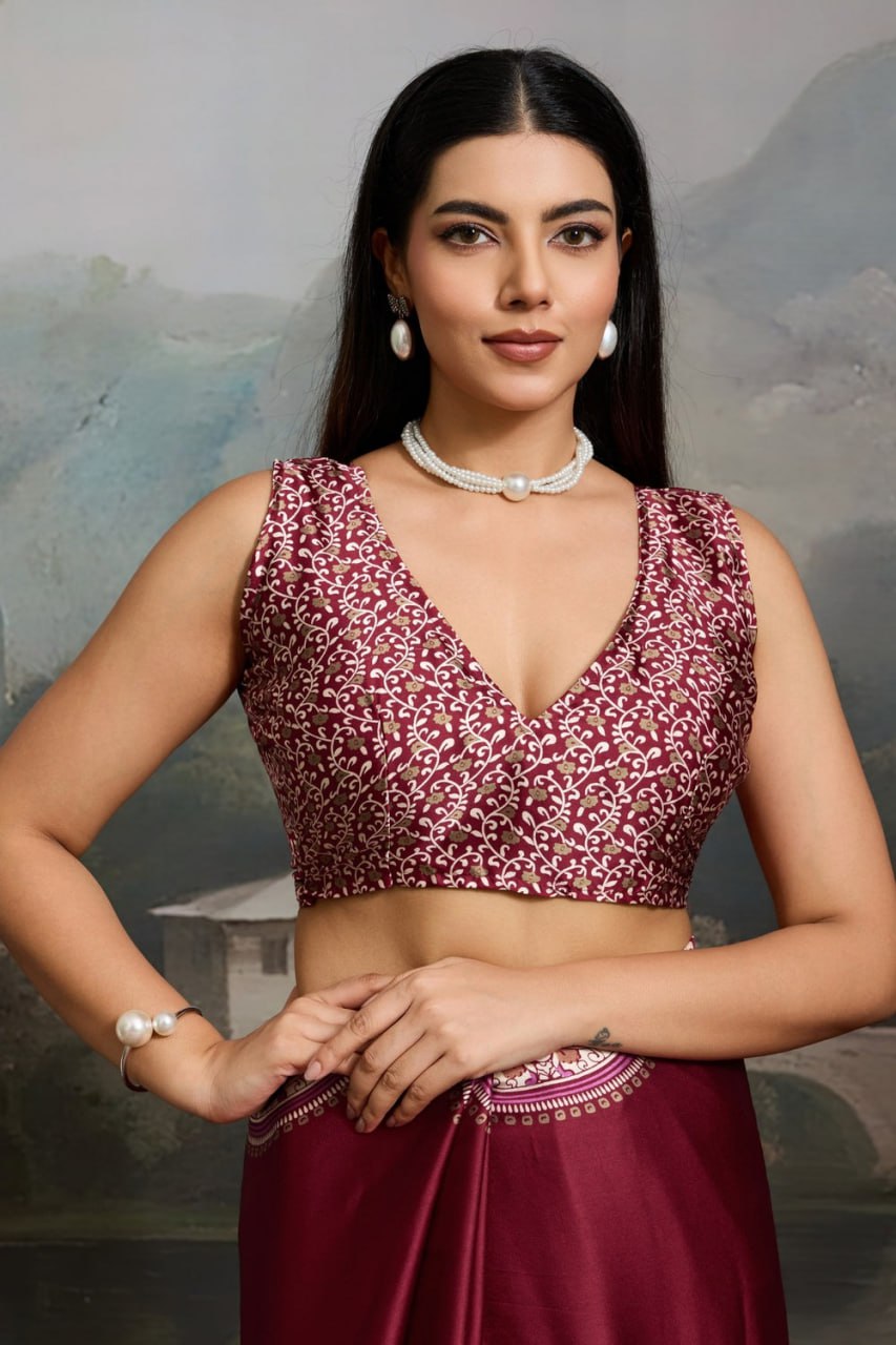 Luxury Wine Maroon Designer Satin Saree with Regal Medallion Statement Border