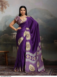 Luxury Royal Purple Designer Satin Saree with Heritage Medallion Border