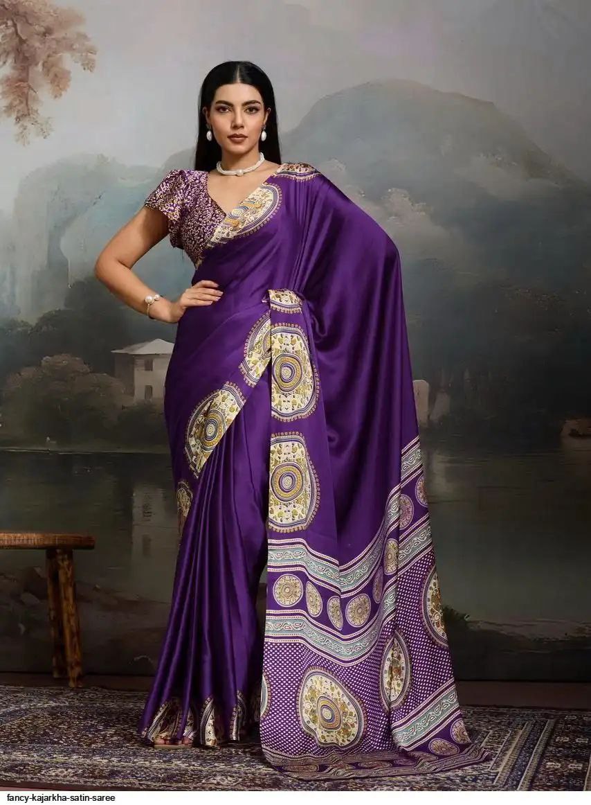 Luxury Royal Purple Designer Satin Saree with Heritage Medallion Border