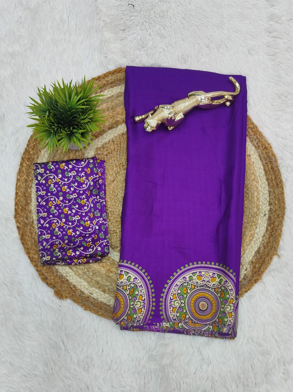 Luxury Royal Purple Designer Satin Saree with Heritage Medallion Border