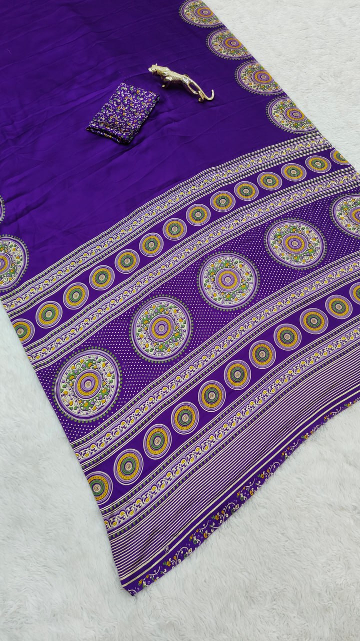 Luxury Royal Purple Designer Satin Saree with Heritage Medallion Border