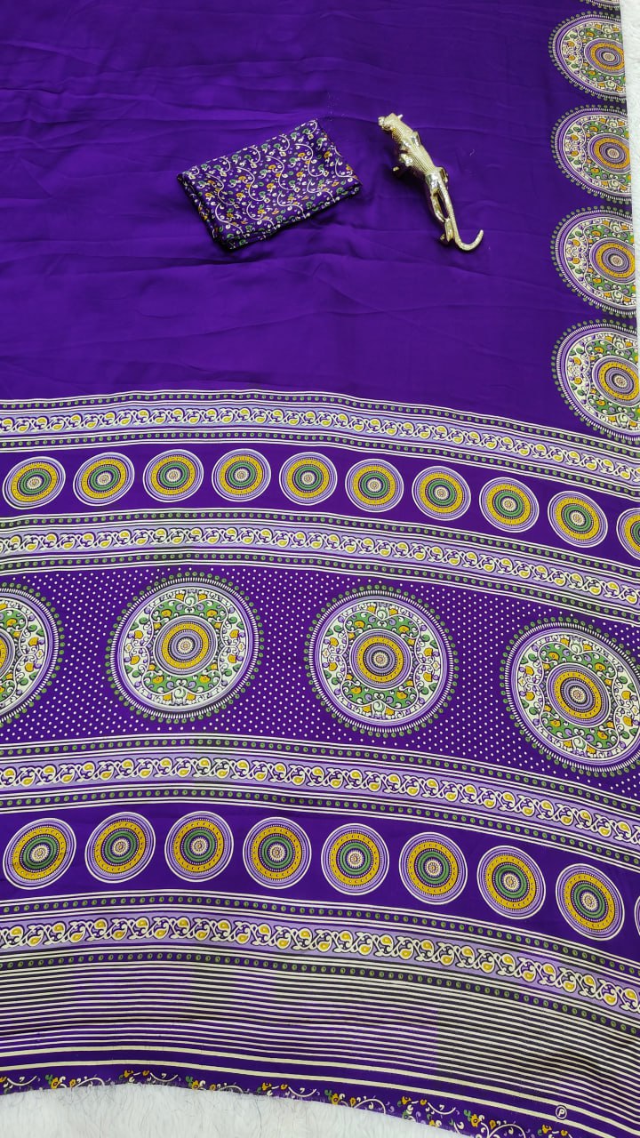 Luxury Royal Purple Designer Satin Saree with Heritage Medallion Border