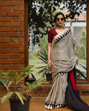 Classic Ivory & Black Striped Designer Saree with Bold Artistic Border