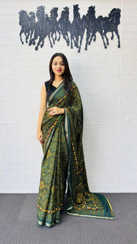 Classic Crimson Red Designer Saree with Deep Green Folk Heritage Border