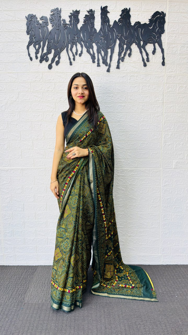 Classic Crimson Red Designer Saree with Deep Green Folk Heritage Border