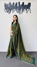 Classic Crimson Red Designer Saree with Deep Green Folk Heritage Border