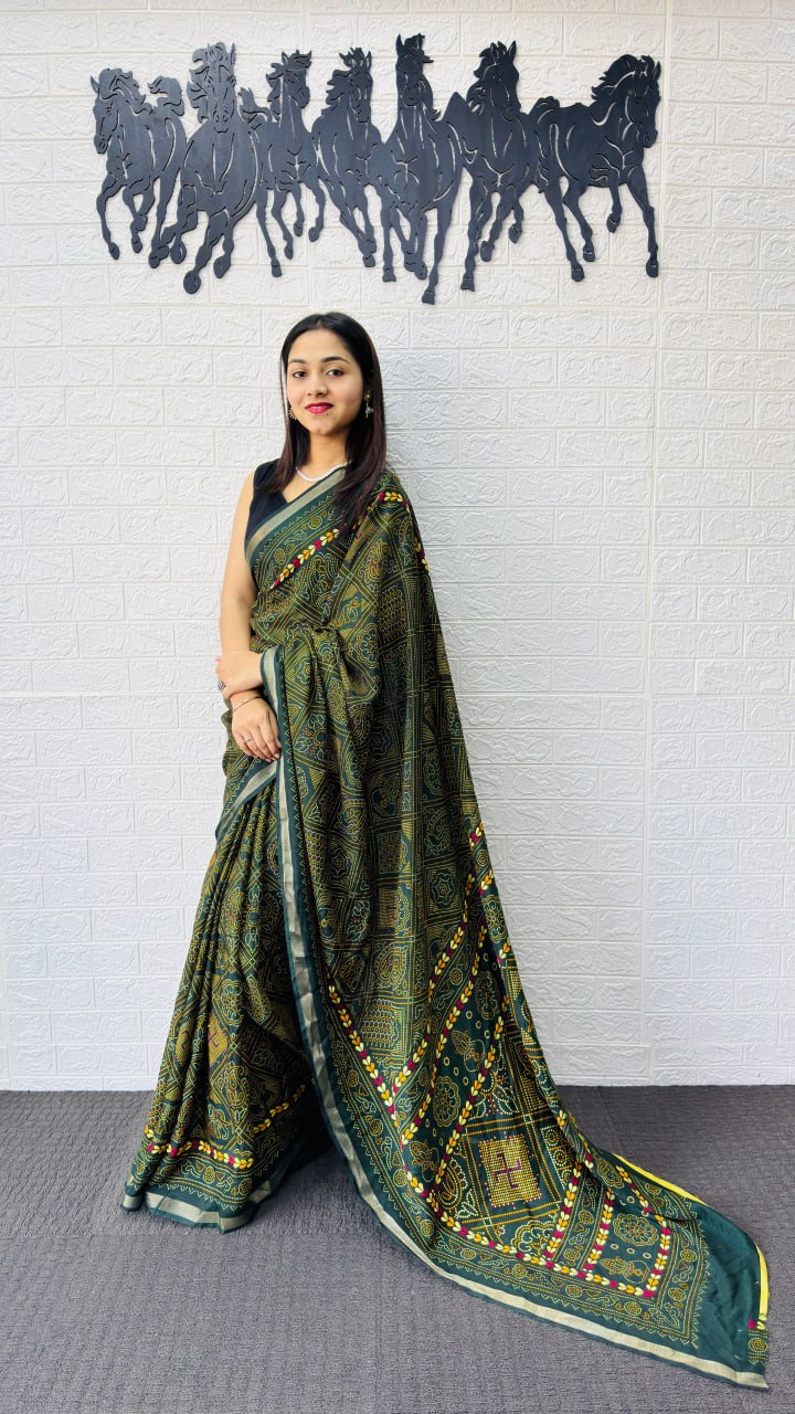 Classic Crimson Red Designer Saree with Deep Green Folk Heritage Border