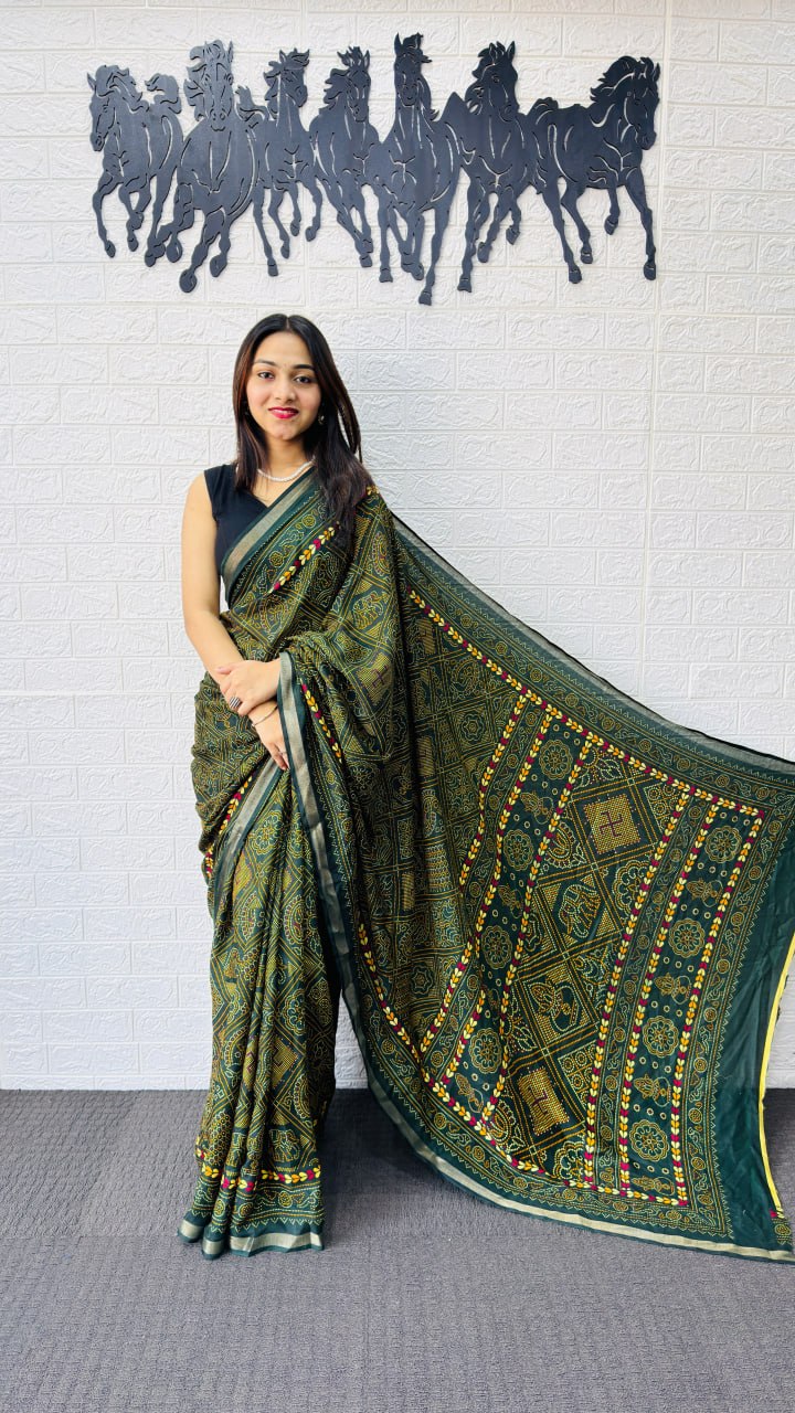 Classic Crimson Red Designer Saree with Deep Green Folk Heritage Border