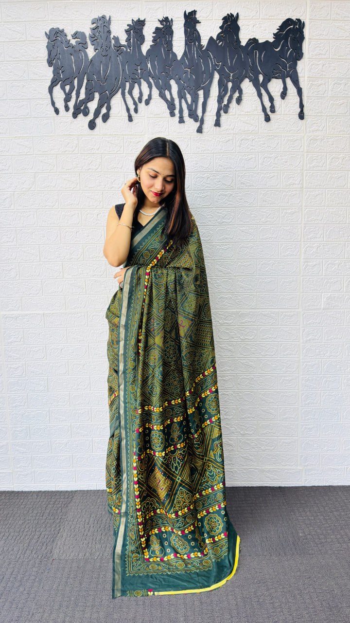 Classic Crimson Red Designer Saree with Deep Green Folk Heritage Border