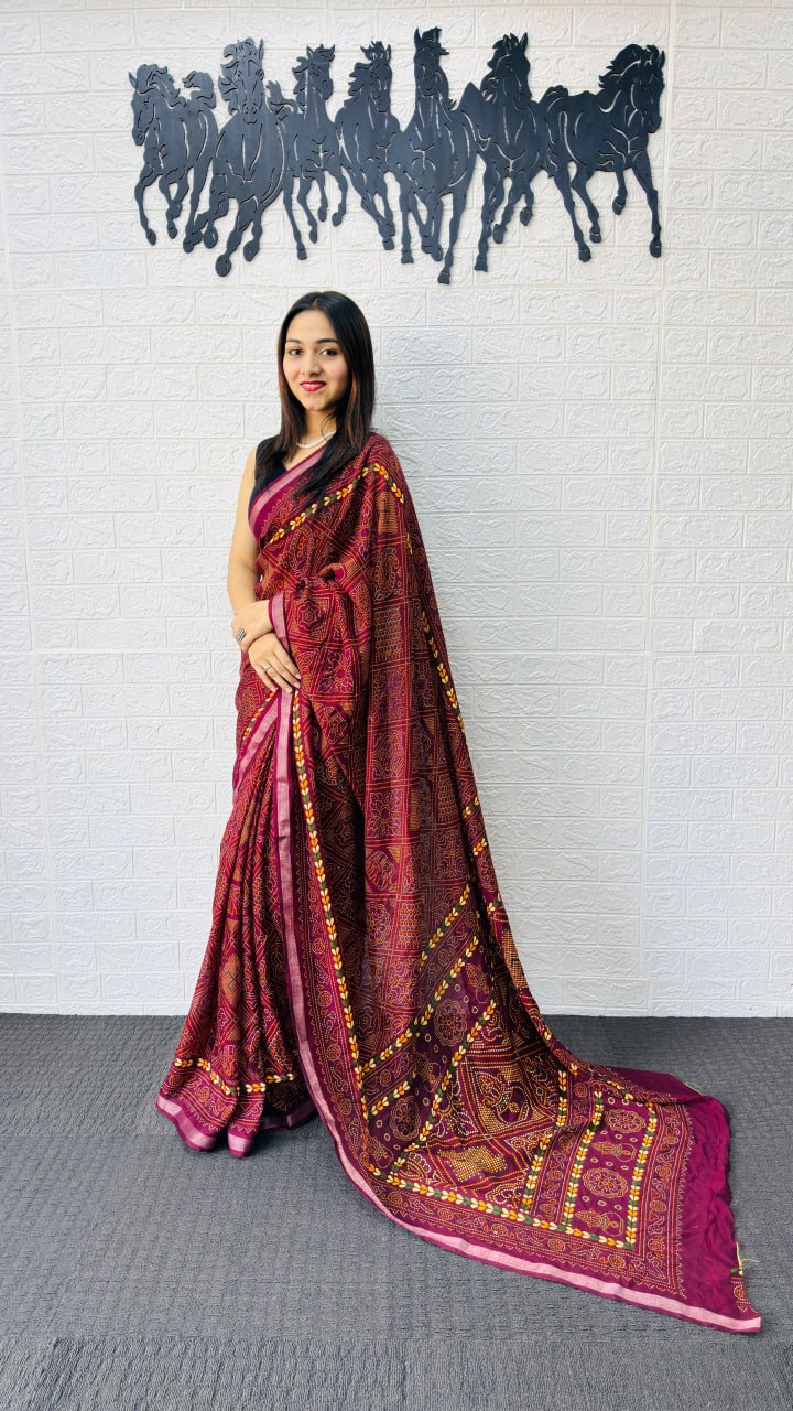 Royal Maroon Designer Saree with Intricate Heritage Tribal Print