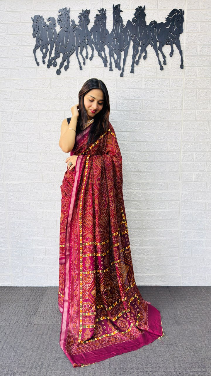 Royal Maroon Designer Saree with Intricate Heritage Tribal Print