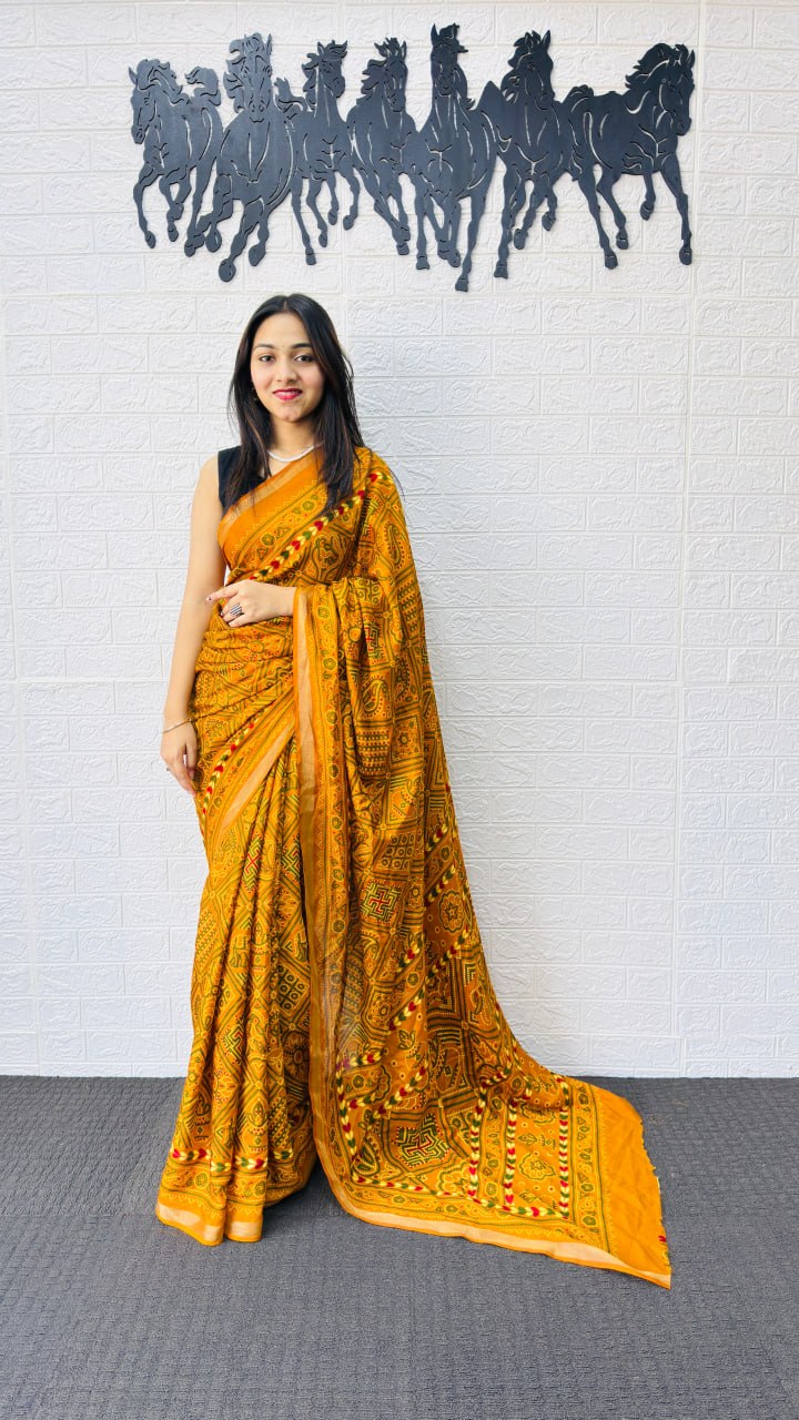 Radiant Mustard Yellow Designer Saree with Intricate Heritage Tribal Print