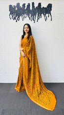 Radiant Mustard Yellow Designer Saree with Intricate Heritage Tribal Print
