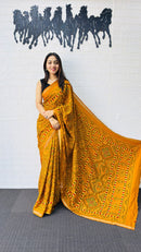 Radiant Mustard Yellow Designer Saree with Intricate Heritage Tribal Print