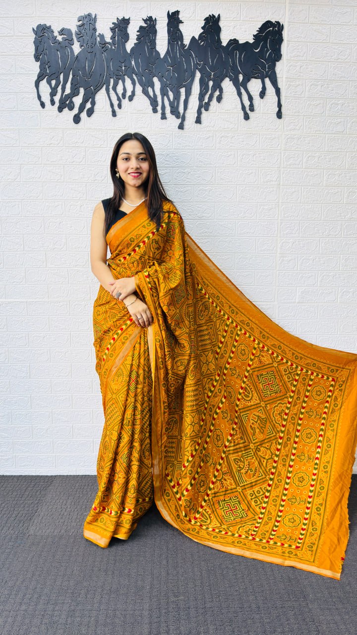 Radiant Mustard Yellow Designer Saree with Intricate Heritage Tribal Print